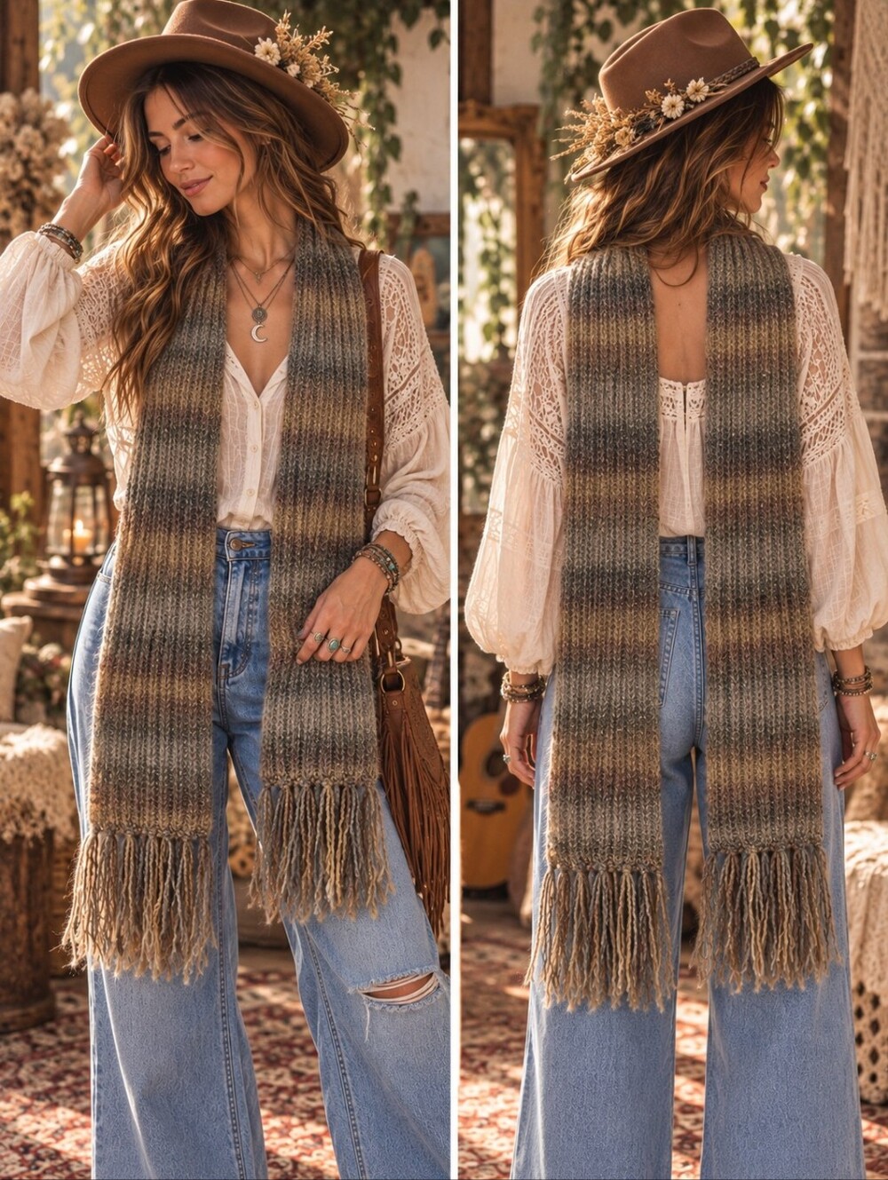 Nine West Brown Taupe Striped Boucle Knit Fringe Scarf Cozy Neutral Cozy Fall